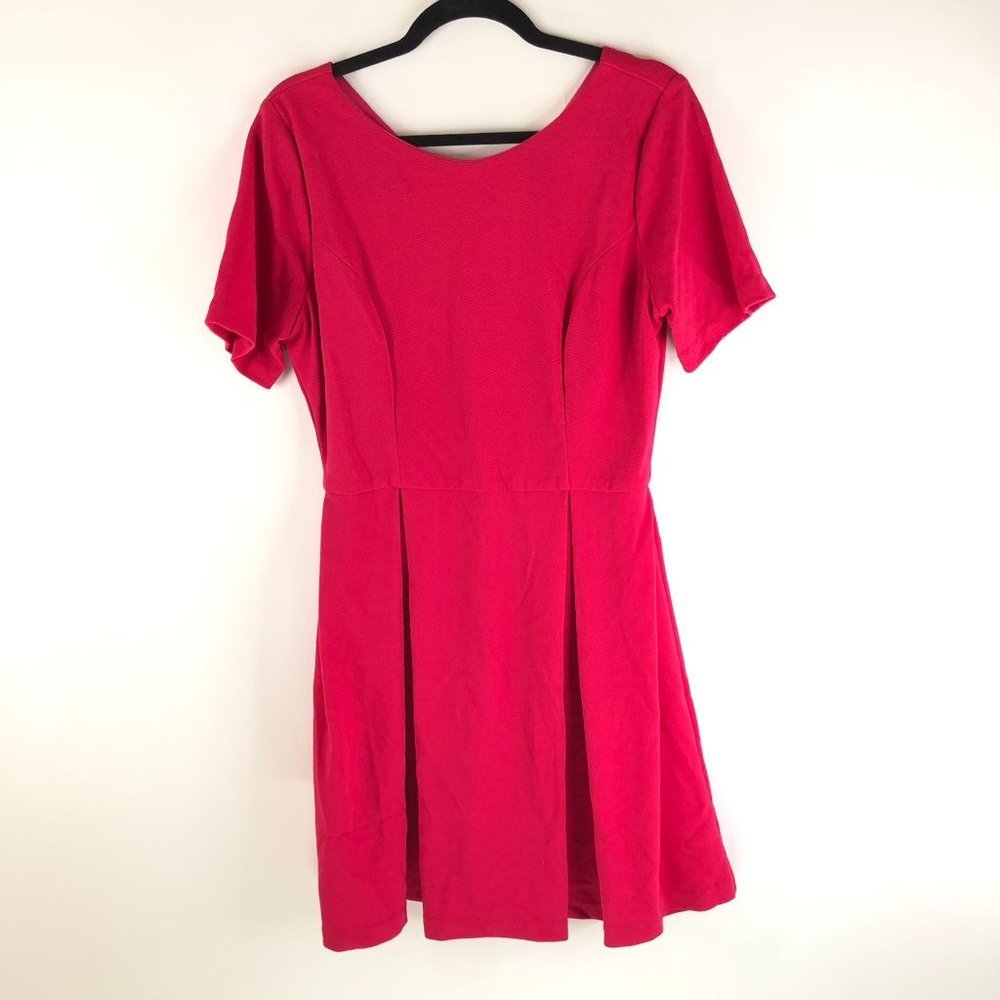 Single Womens Fit & Flare Mini Dress Pleated Skirt Short Sleeve Stretch Pink M